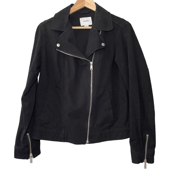 Old Navy Black Twill Moto Jacket Women’s Size Medium Biker Style - Picture 1 of 10